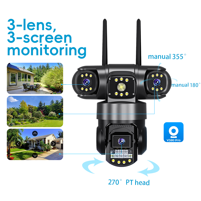 3 Lens Triple Moving PTZ WiFi CCTV Camera 360° V380 Pro Full HD Outdoor Security Camera