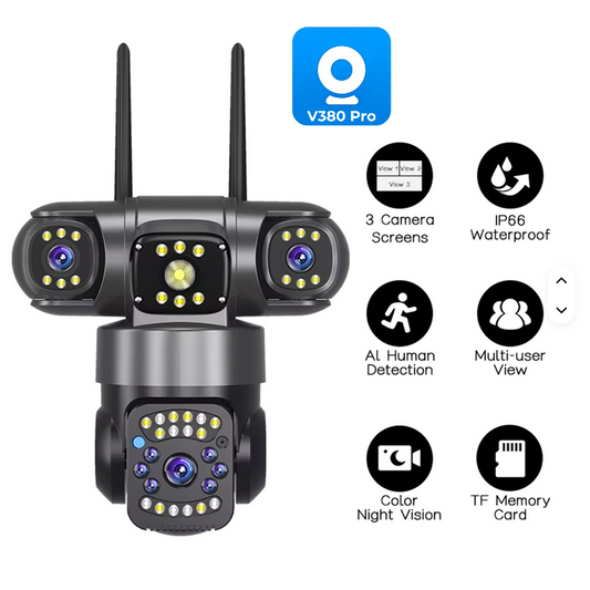 3 Lens Triple Moving PTZ WiFi CCTV Camera 360° V380 Pro Full HD Outdoor Security Camera