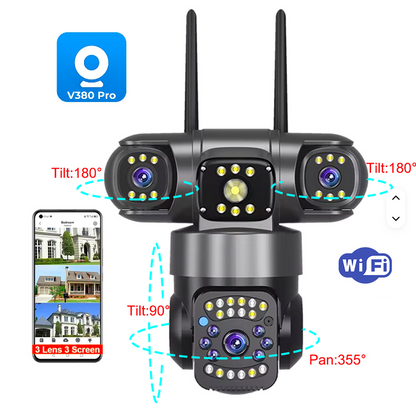 3 Lens Triple Moving PTZ WiFi CCTV Camera 360° V380 Pro Full HD Outdoor Security Camera