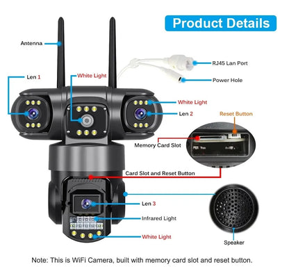 3 Lens Triple Moving PTZ WiFi CCTV Camera 360° V380 Pro Full HD Outdoor Security Camera